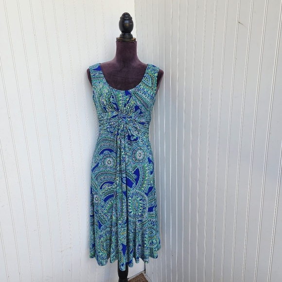 Jones New York Blue Green Paisley Midi Dress | Sleeveless V-Neck Boho Style 6P - Picture 1 of 11